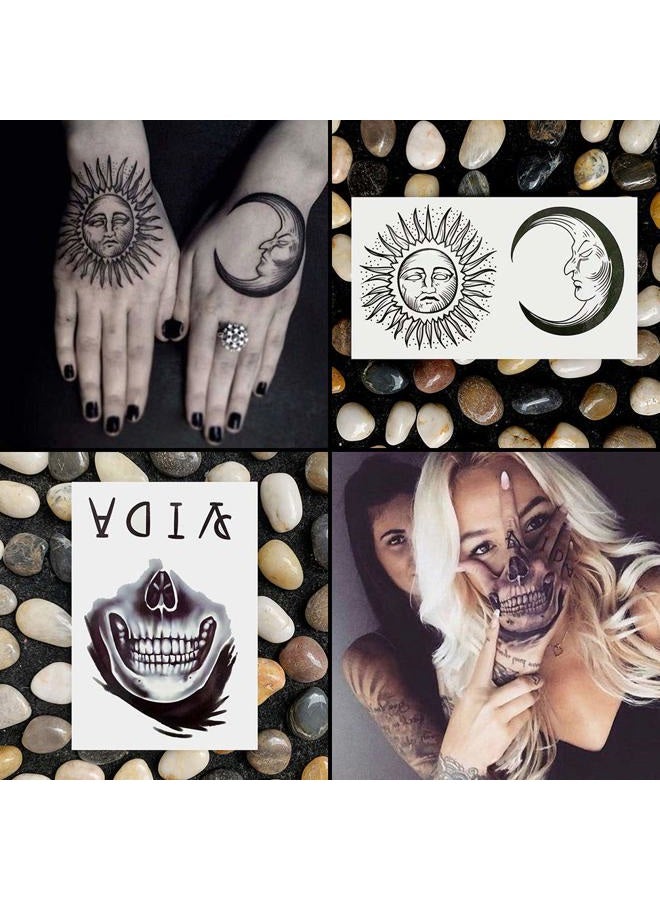 Oottati Waterproof 9 Sheets Back of Hand Fake Temporary Tattoo Stickers - Black Halloween Skull Horror Eye Devil Sun Moon Totem (Halloween) - Image 3